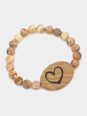 Heart Stone Bracelet - Landscape Jasper Beaded Stretch, Carved Heart Charm